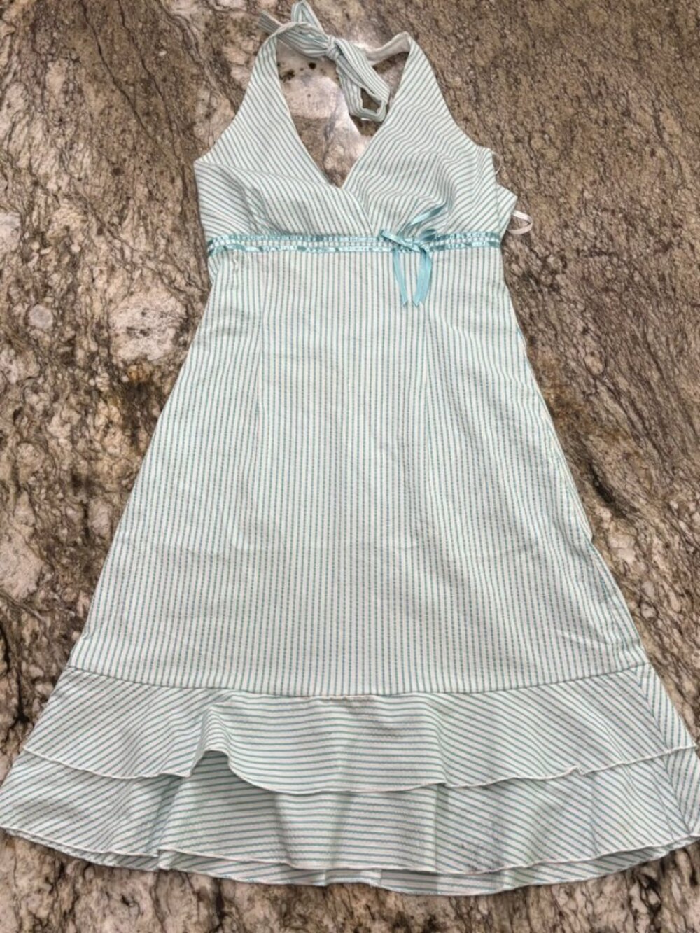 Y2K Teeze Me Aqua Blue & White Striped Halter Mini Dress